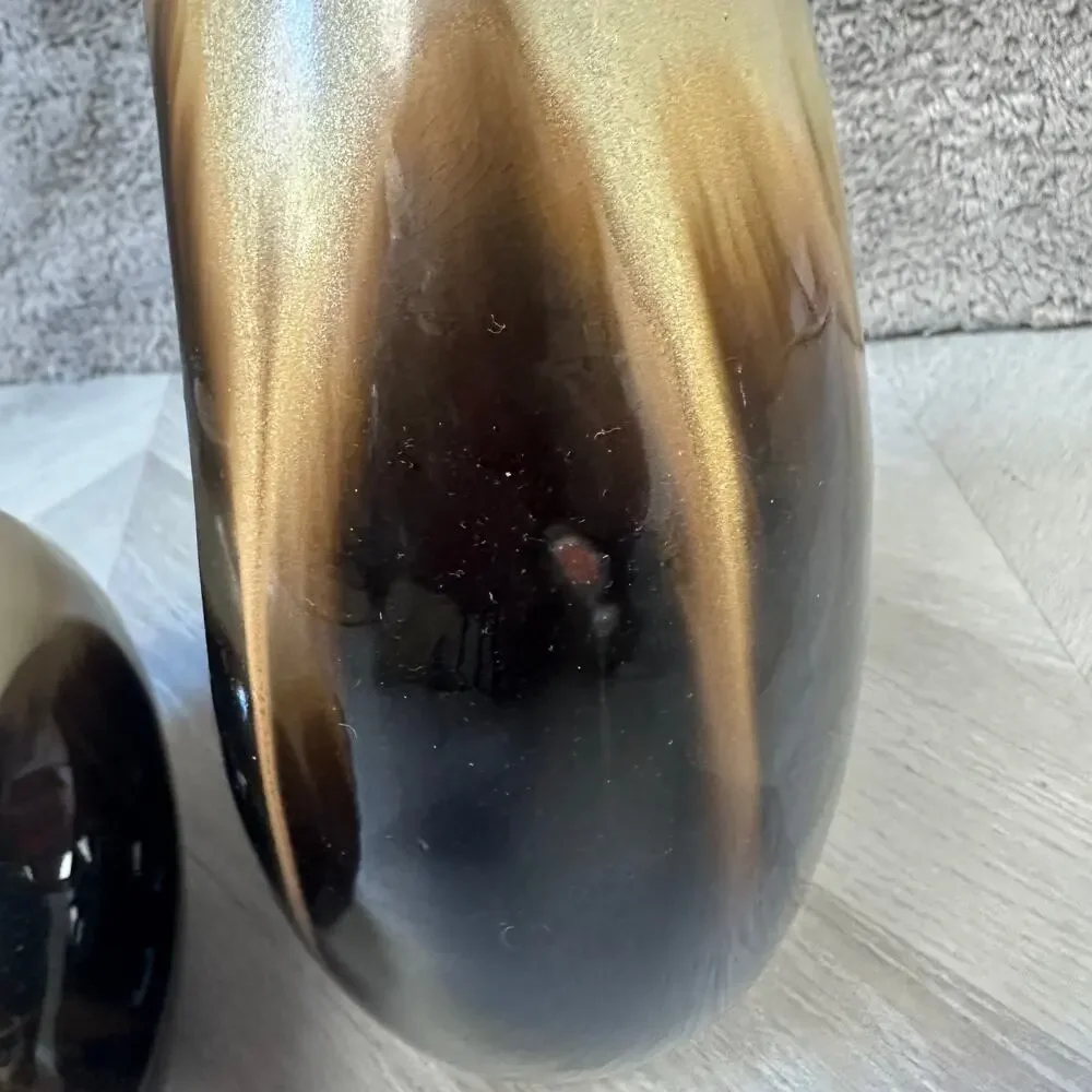 Pair of 2 Vases MCM Mid Century Modern Ceramic Brown Tan Beige Oval Circle